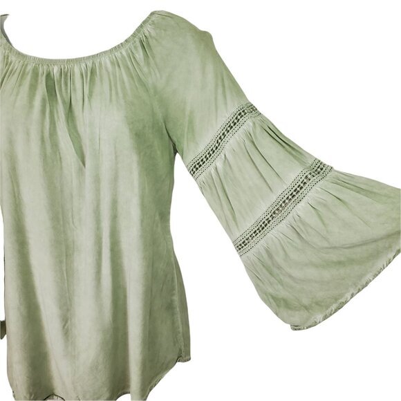 SPENSE Womens Blouse Small Peasant Bell Sleeves Embroidered‎ Tie Dye Green Boho - Picture 7 of 10